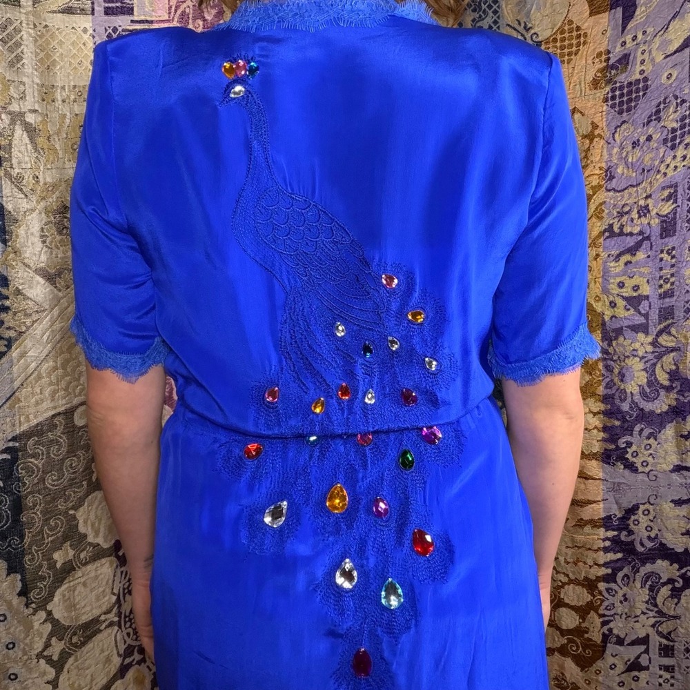 100% Silk Jeweled Peacock Lace Trim Tie Front Robe Shawl Cardigan Top Size S